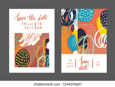 Set of creative universal geometric cards. Designs for prints, wedding, anniversary, birthday, Valentine's day, party invitations, posters, cards, etc. Vector. Isolated.
