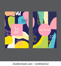 Set of creative universal geometric cards. Designs for prints, wedding, anniversary, birthday, Valentine's day, party invitations, posters, cards, etc. Vector. Isolated.