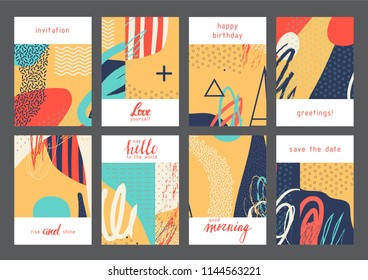 Set of creative universal geometric cards. Designs for prints, wedding, anniversary, birthday, Valentine's day, party invitations, posters, cards, etc. Vector. Isolated.