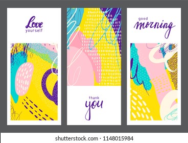 Set von kreativen universellen geometrischen Karten. Designs für Drucke, Hochzeit, Jahrestag, Geburtstag, Valentinstag, Feiereinladungen, Poster, Karten, etc. Vektorgrafik. Einzeln.