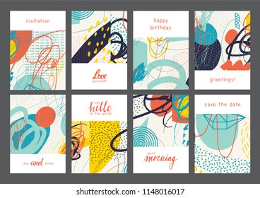 Set of creative universal geometric cards. Designs for prints, wedding, anniversary, birthday, Valentine's day, party invitations, posters, cards, etc. Vector. Isolated.