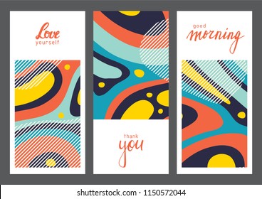 Set of creative universal geometric cards. Designs for prints, wedding, anniversary, birthday, Valentine's day, party invitations, posters, cards, etc. Vector. Isolated.