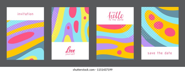 Set of creative universal geometric cards. Designs for prints, wedding, anniversary, birthday, Valentine's day, party invitations, posters, cards, etc. Vector. Isolated.