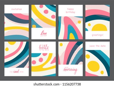 Set of creative universal geometric cards. Designs for prints, wedding, anniversary, birthday, Valentine's day, party invitations, posters, cards, etc. Vector. Isolated.