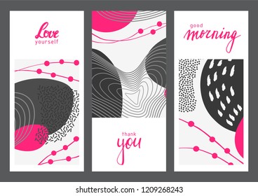 Set of creative universal geometric cards. Designs for prints, wedding, anniversary, birthday, Valentine's day, party invitations, posters, cards, etc. Vector. Isolated.