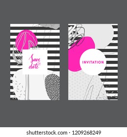 Set of creative universal geometric cards. Designs for prints, wedding, anniversary, birthday, Valentine's day, party invitations, posters, cards, etc. Vector. Isolated.