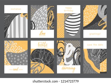 Set of creative universal geometric cards. Designs for prints, wedding, anniversary, birthday, Valentine's day, party invitations, posters, cards, etc. Vector. Isolated.