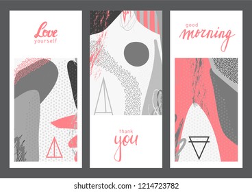 Set of creative universal geometric cards. Designs for prints, wedding, anniversary, birthday, Valentine's day, party invitations, posters, cards, etc. Vector. Isolated.