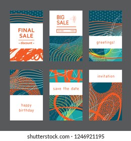 Set of creative universal geometric cards. Designs for prints, wedding, anniversary, birthday, Valentine's day, party invitations, posters, cards, etc. Vector. Isolated.