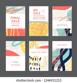 Set of creative universal geometric cards. Designs for prints, wedding, anniversary, birthday, Valentine's day, party invitations, posters, cards, etc. Vector. Isolated.