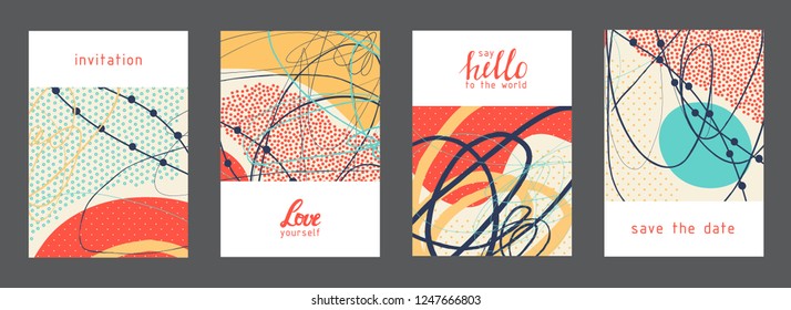 Set of creative universal geometric cards. Designs for prints, wedding, anniversary, birthday, Valentine's day, party invitations, posters, cards, etc. Vector. Isolated.