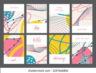 Set of creative universal geometric cards. Designs for prints, wedding, anniversary, birthday, Valentine's day, party invitations, posters, cards, etc. Vector. Isolated.