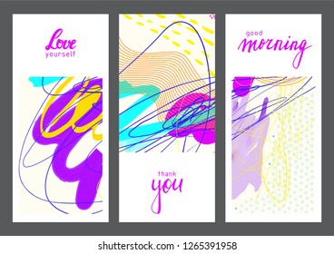 Set of creative universal geometric cards. Designs for prints, wedding, anniversary, birthday, Valentine's day, party invitations, posters, cards, etc. Vector. Isolated.