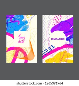 Set of creative universal geometric cards. Designs for prints, wedding, anniversary, birthday, Valentine's day, party invitations, posters, cards, etc. Vector. Isolated.