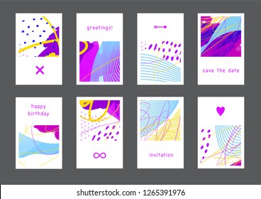 Set of creative universal geometric cards. Designs for prints, wedding, anniversary, birthday, Valentine's day, party invitations, posters, cards, etc. Vector. Isolated.