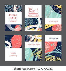 Set of creative universal geometric cards. Designs for prints, wedding, anniversary, birthday, Valentine's day, party invitations, posters, cards, etc. Vector. Isolated.