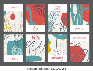 Set of creative universal geometric cards. Designs for prints, wedding, anniversary, birthday, Valentine's day, party invitations, posters, cards, etc. Vector. Isolated.