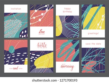 Set of creative universal geometric cards. Designs for prints, wedding, anniversary, birthday, Valentine's day, party invitations, posters, cards, etc. Vector. Isolated.