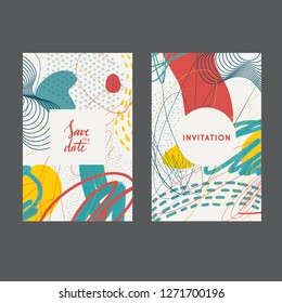 Set of creative universal geometric cards. Designs for prints, wedding, anniversary, birthday, Valentine's day, party invitations, posters, cards, etc. Vector. Isolated.