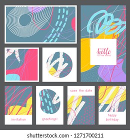 Set of creative universal geometric cards. Designs for prints, wedding, anniversary, birthday, Valentine's day, party invitations, posters, cards, etc. Vector. Isolated.