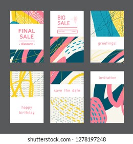 Set of creative universal geometric cards. Designs for prints, wedding, anniversary, birthday, Valentine's day, party invitations, posters, cards, etc. Vector. Isolated.