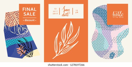 Set of creative universal geometric cards. Designs for prints, wedding, anniversary, birthday, Valentine's day, party invitations, posters, cards, etc. Vector. Isolated.
