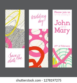 Set of creative universal geometric cards. Designs for prints, wedding, anniversary, birthday, Valentine's day, party invitations, posters, cards, etc. Vector. Isolated.