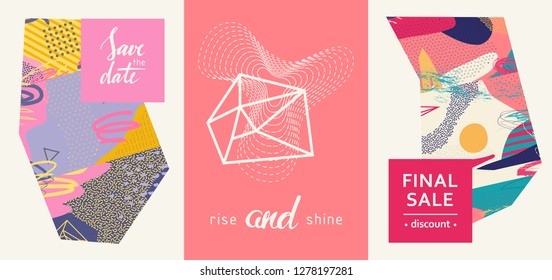 Set of creative universal geometric cards. Designs for prints, wedding, anniversary, birthday, Valentine's day, party invitations, posters, cards, etc. Vector. Isolated.