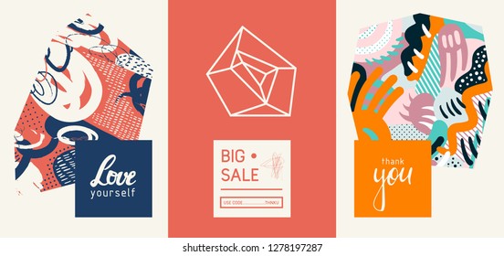 Set of creative universal geometric cards. Designs for prints, wedding, anniversary, birthday, Valentine's day, party invitations, posters, cards, etc. Vector. Isolated.