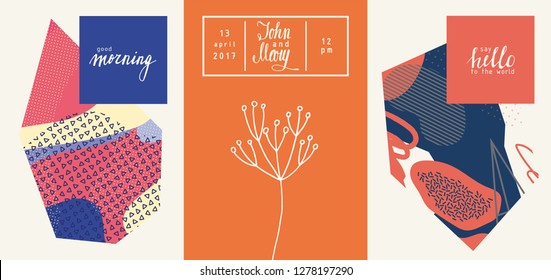 Set of creative universal geometric cards. Designs for prints, wedding, anniversary, birthday, Valentine's day, party invitations, posters, cards, etc. Vector. Isolated.