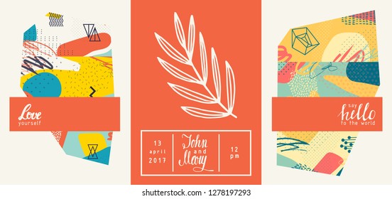 Set of creative universal geometric cards. Designs for prints, wedding, anniversary, birthday, Valentine's day, party invitations, posters, cards, etc. Vector. Isolated.