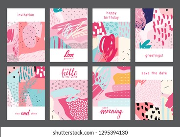 Set of creative universal geometric cards. Designs for prints, wedding, anniversary, birthday, Valentine's day, party invitations, posters, cards, etc. Vector. Isolated.