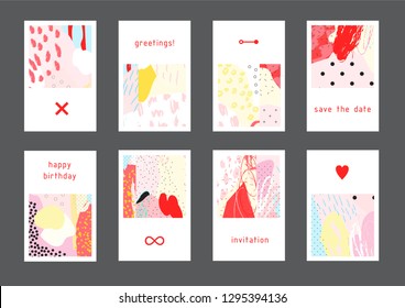 Set of creative universal geometric cards. Designs for prints, wedding, anniversary, birthday, Valentine's day, party invitations, posters, cards, etc. Vector. Isolated.