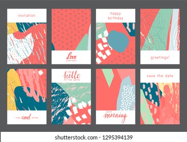 Set of creative universal geometric cards. Designs for prints, wedding, anniversary, birthday, Valentine's day, party invitations, posters, cards, etc. Vector. Isolated.