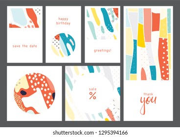 Set of creative universal geometric cards. Designs for prints, wedding, anniversary, birthday, Valentine's day, party invitations, posters, cards, etc. Vector. Isolated.