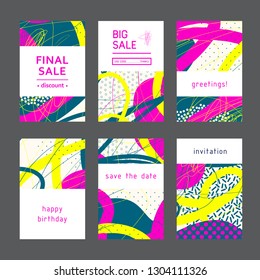 Set of creative universal geometric cards. Designs for prints, wedding, anniversary, birthday, Valentine's day, party invitations, posters, cards, etc. Vector. Isolated.