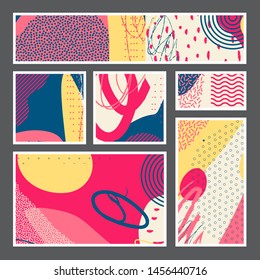 Set of creative universal geometric cards. Designs for prints, wedding, anniversary, birthday, Valentine's day, party invitations, posters, cards, etc. Vector. Isolated.