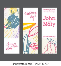Set of creative universal geometric cards. Designs for prints, wedding, anniversary, birthday, Valentine's day, party invitations, posters, cards, etc. Vector. Isolated.
