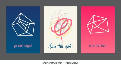 Set of creative universal geometric cards. Designs for prints, wedding, anniversary, birthday, Valentine's day, party invitations, posters, cards, etc. Vector. Isolated.