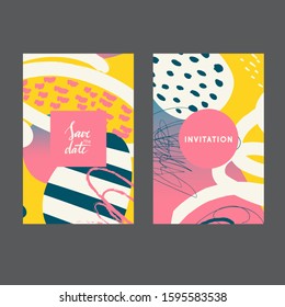 Set of creative universal geometric cards. Designs for prints, wedding, anniversary, birthday, Valentine's day, party invitations, posters, cards, etc. Vector. Isolated.