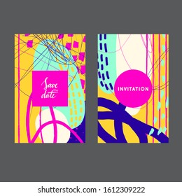 Set of creative universal geometric cards. Designs for prints, wedding, anniversary, birthday, Valentine's day, party invitations, posters, cards, etc. Vector. Isolated.