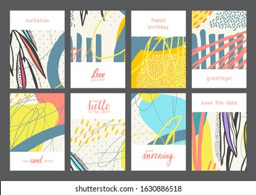 Set of creative universal geometric cards. Designs for prints, wedding, anniversary, birthday, Valentine's day, party invitations, posters, cards, etc. Vector. Isolated.