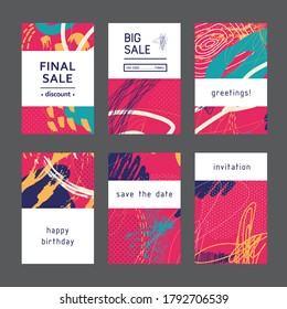 Set of creative universal geometric cards. Designs for prints, wedding, anniversary, birthday, Valentine's day, party invitations, posters, cards, etc. Vector. Isolated.