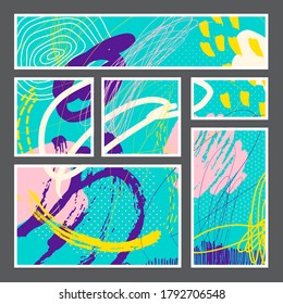 Set of creative universal geometric cards. Designs for prints, wedding, anniversary, birthday, Valentine's day, party invitations, posters, cards, etc. Vector. Isolated.