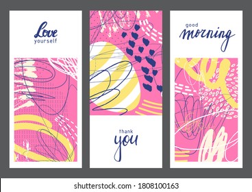 Set of creative universal geometric cards. Designs for prints, wedding, anniversary, birthday, Valentine's day, party invitations, posters, cards, etc. Vector. Isolated.