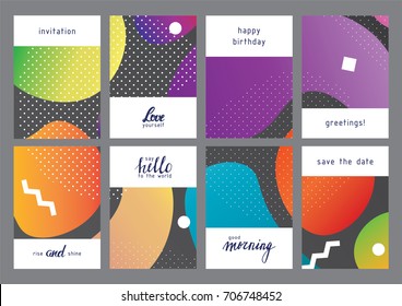 Set of creative universal geometric cards. Designs for prints, wedding, anniversary, birthday, Valentine's day, party invitations, posters, cards, etc. Vector. Isolated.