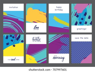 Set of creative universal geometric cards. Designs for prints, wedding, anniversary, birthday, Valentine's day, party invitations, posters, cards, etc. Vector. Isolated.