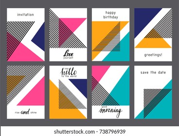 Set of creative universal geometric cards. Designs for prints, wedding, anniversary, birthday, Valentine's day, party invitations, posters, cards, etc. Vector. Isolated.