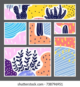 Set of creative universal geometric cards. Designs for prints, wedding, anniversary, birthday, Valentine's day, party invitations, posters, cards, etc. Vector. Isolated.