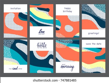 Set of creative universal geometric cards. Designs for prints, wedding, anniversary, birthday, Valentine's day, party invitations, posters, cards, etc. Vector. Isolated.